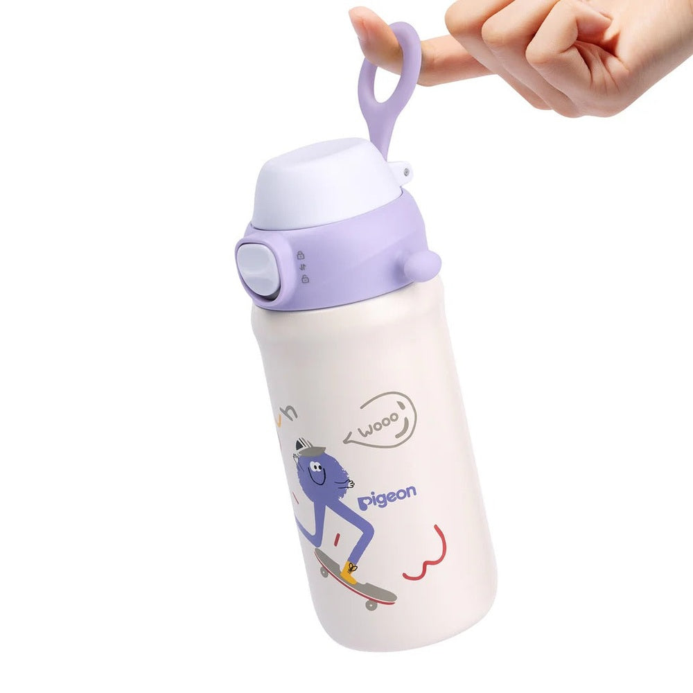 Pigeon Kids Stainless Steel Thermos Drinking Cup, white with lavender lid; hand opens the loop lid.