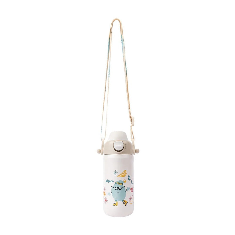 Pigeon Kids Stainless Steel Thermos Drinking Cup with beige lid and long strap slung over shoulder, featuring a cute owl graphic.