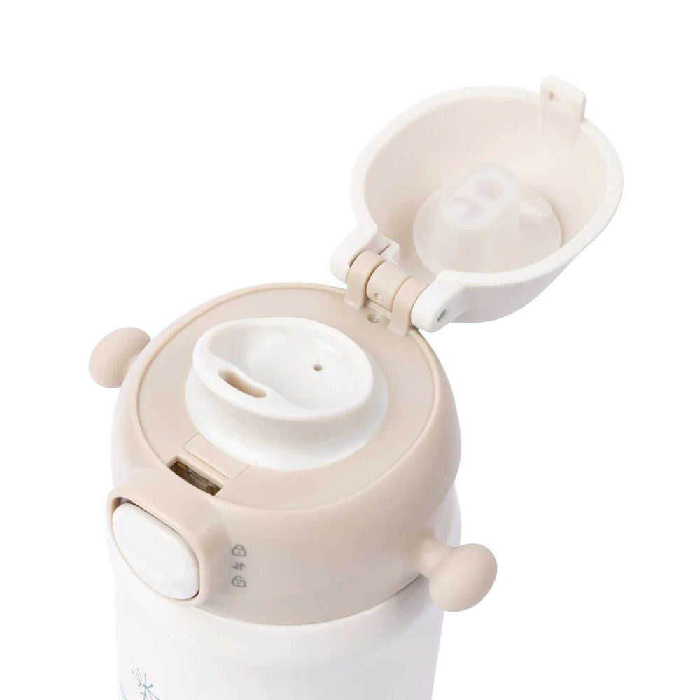 Pigeon Kids Stainless Steel Thermos Drinking Cup with beige flip-top lid open, showing silicone spout