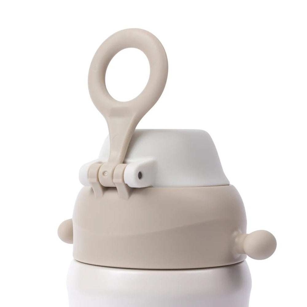 Pigeon Kids Stainless Steel Thermos Drinking Cup in cream with a looped top handle and side knobs.