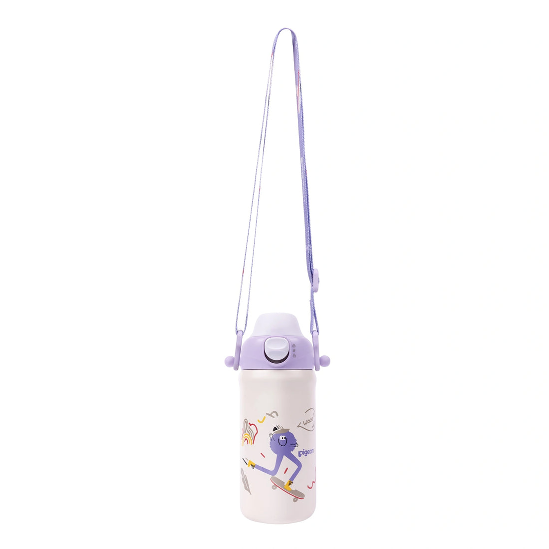 Pigeon LoneLegs Skateboarding thermos cup with purple lid and skateboarding character