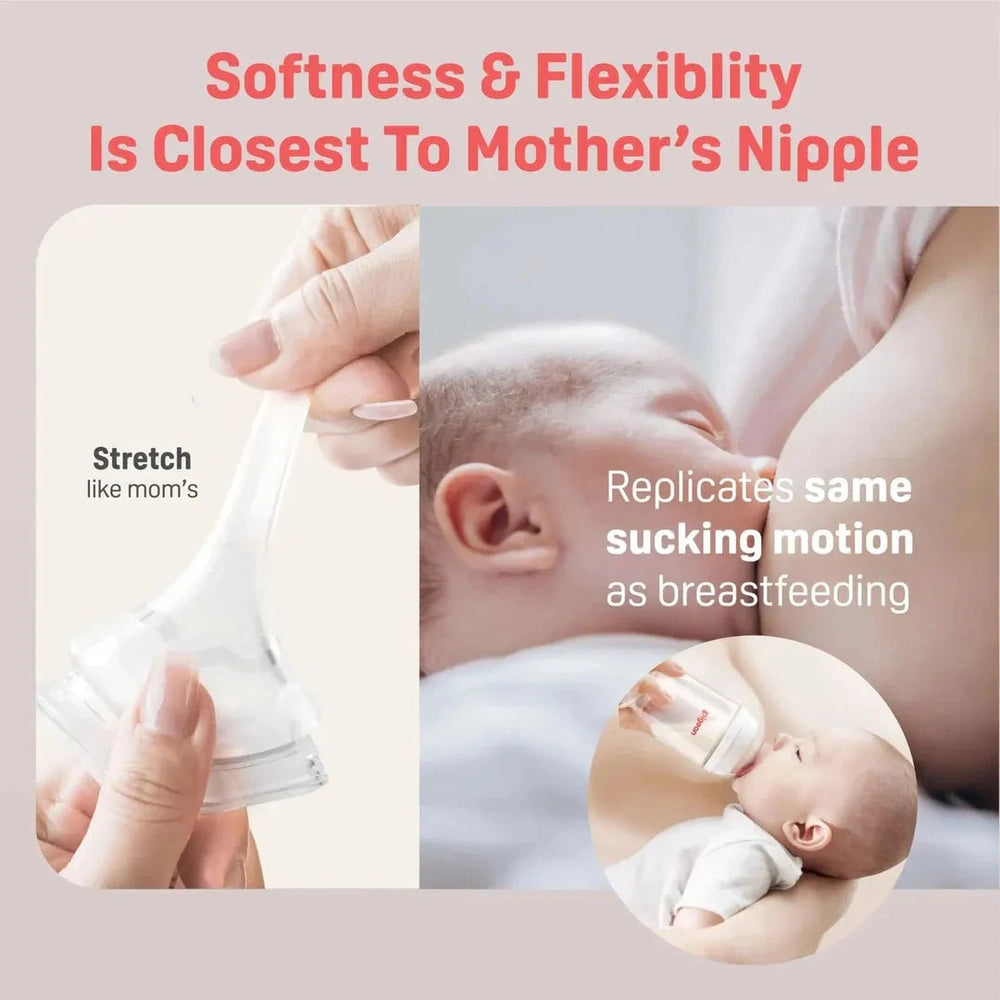 Pigeon Newborn Feeding Gift Set (0+-6+M); soft layout shows mother breastfeeding and a bottle in use.