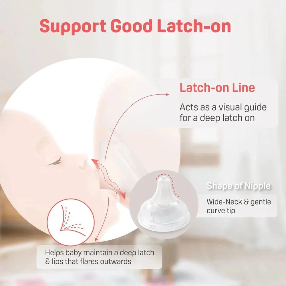 Pigeon Newborn Feeding Gift Set, where a baby demonstrates latch-on guide and wide-neck nipple for a deep latch.
