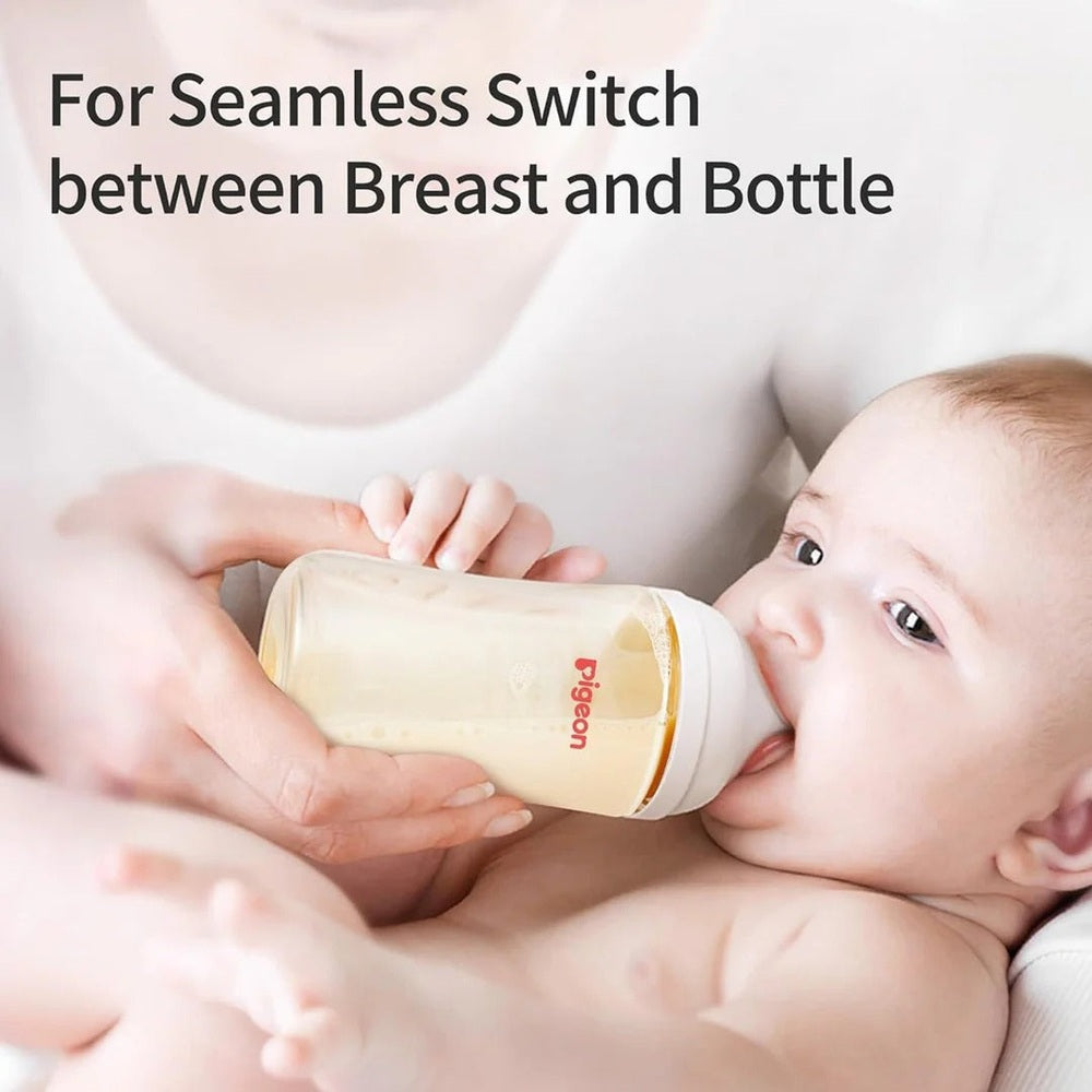 Pigeon PPSU Bottle 8oz with M Nipple (3M+); baby drinks from bottle while caregiver supports, highlighting bottle feeding.