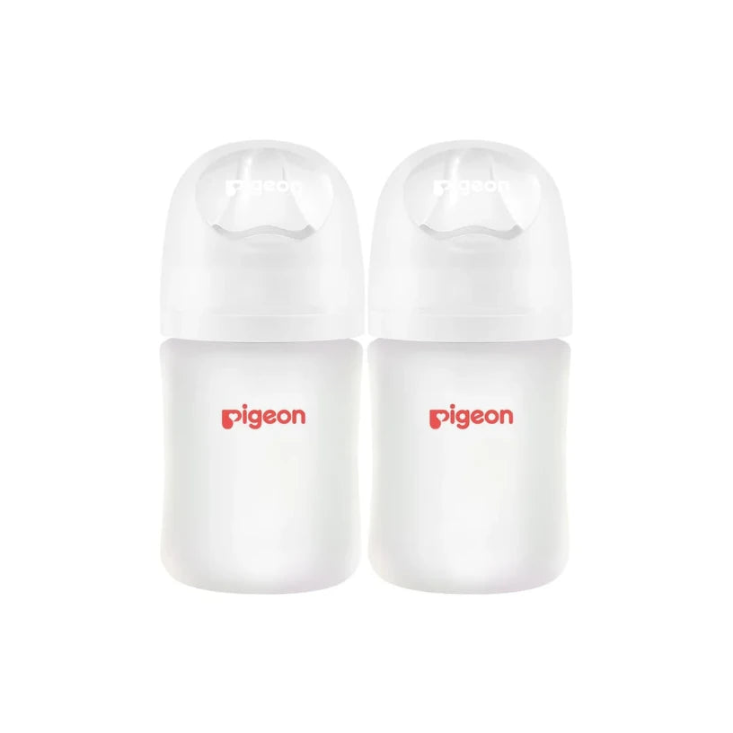 Pair of Pigeon 5oz silicone-coated glass bottles with caps