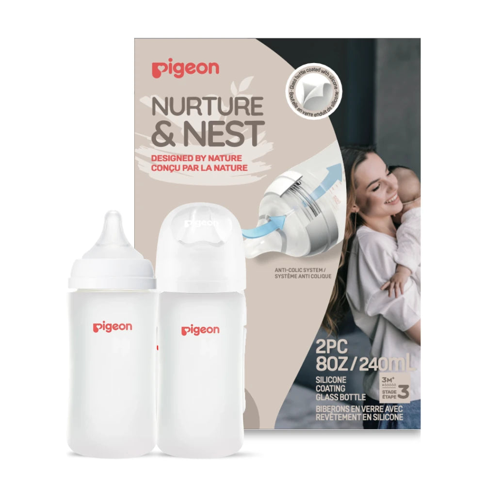 Two Pigeon 8oz silicone-coated glass bottles with their two-pack box