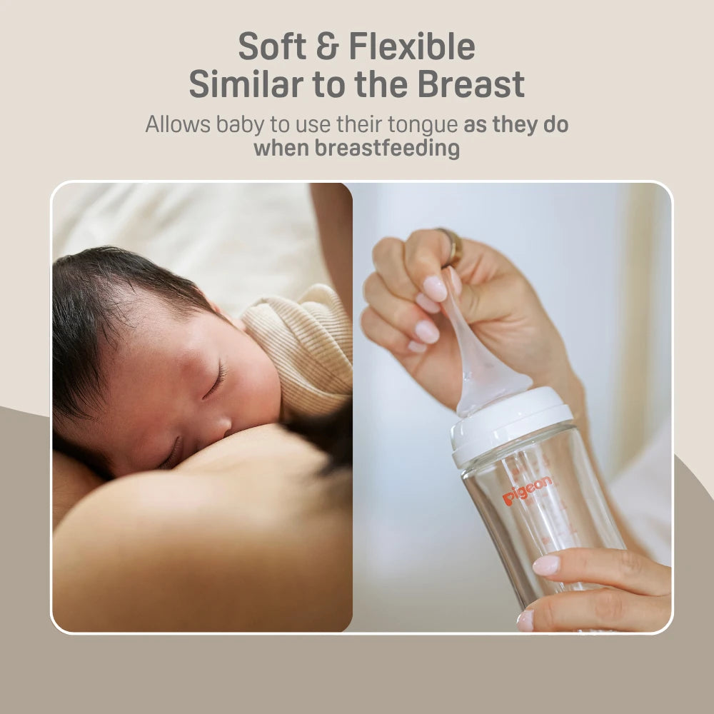 Pigeon soft nipple shown alongside a breastfeeding and bottle-feeding scene