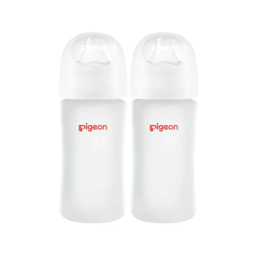 Pair of Pigeon 8oz silicone-coated glass bottles with caps