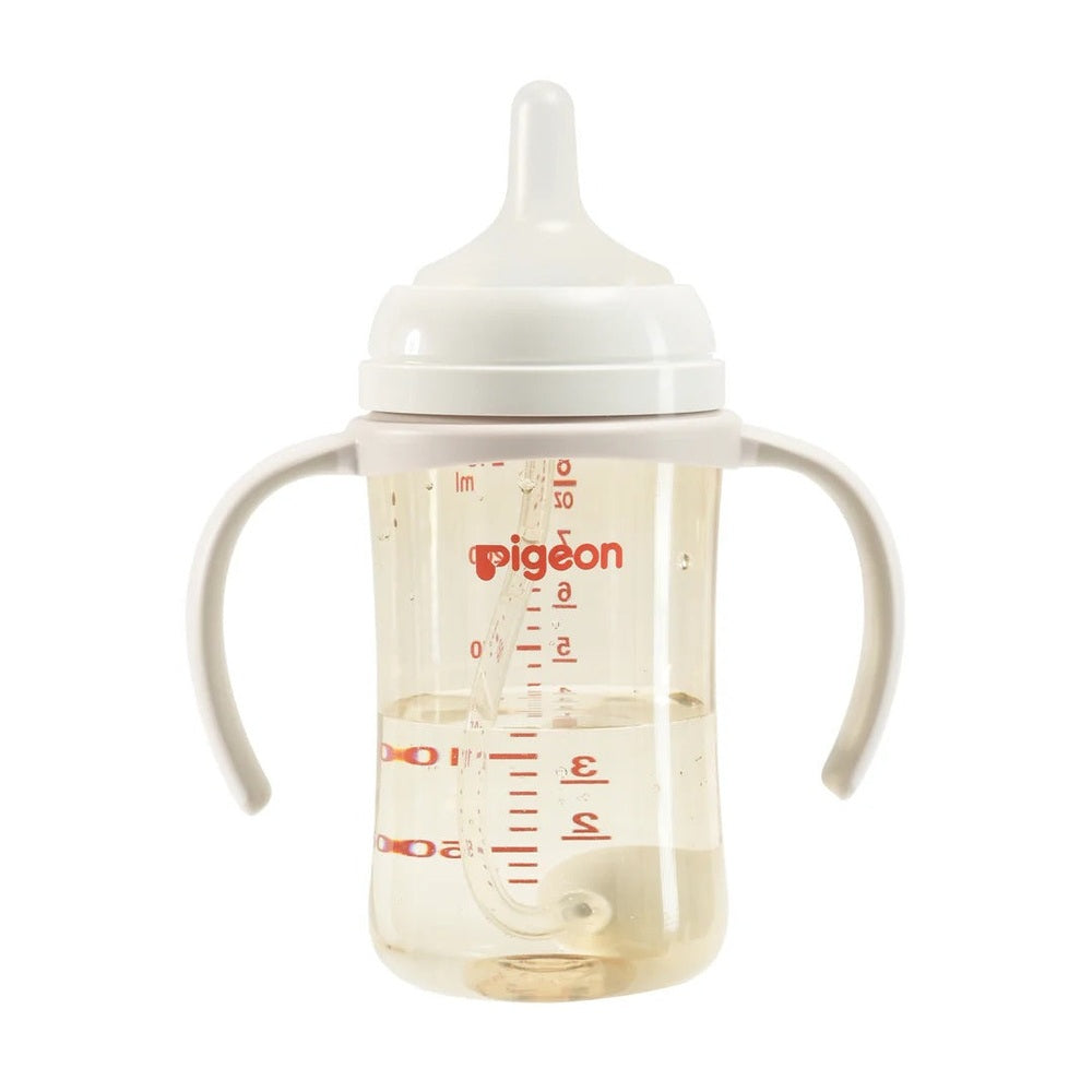 Pigeon Weaning Series Weight Ball Straw baby bottle with dual handles and measurement marks.