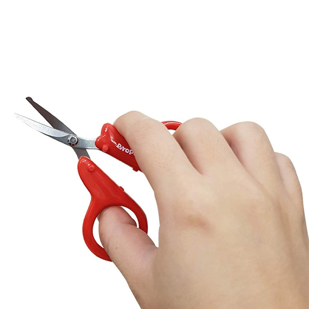 Piyo Piyo baby safety scissors with nail file in red, compact baby grooming tool