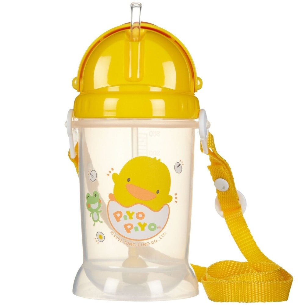 Piyo Piyo Easy Reach Water Bottle 12 oz, yellow helmet lid and straw, worn with a yellow strap for easy carrying