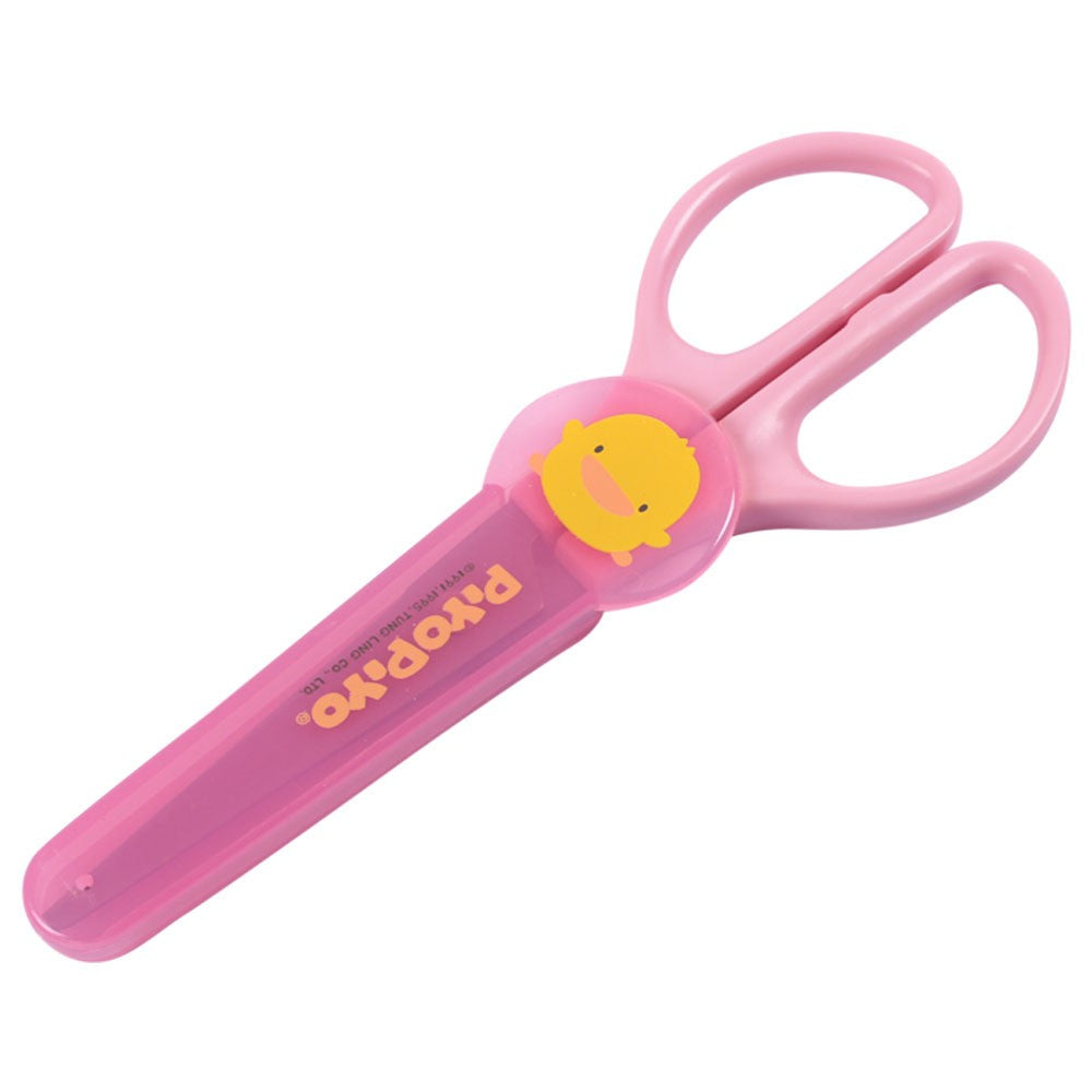 Piyo Piyo pink baby feeding scissors with yellow duck design, multipurpose feeding tool for babies