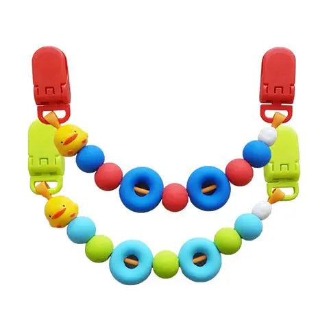 Piyo Piyo Silicone Multi Purpose Clip Green/Light Blue with two colorful bead strands clipped to red fasteners.