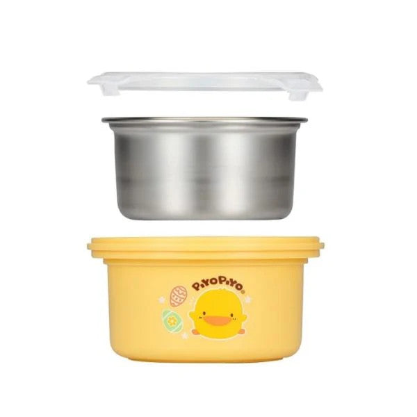 Piyo Piyo stainless steel lunch box set with yellow outer container and clear lid, 400 ml, 3-piece