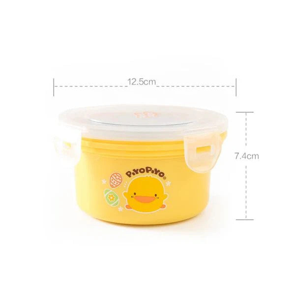 Piyo Piyo lunch box, yellow round container with duck illustration, clear lid, 400 ml capacity
