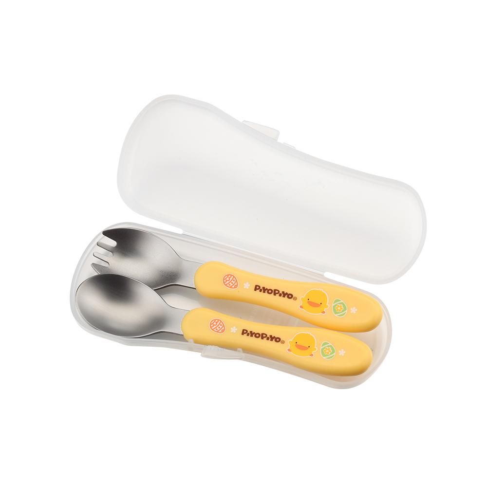 Piyo Piyo stainless steel spoon and fork set with yellow handles in white case (2 pieces)