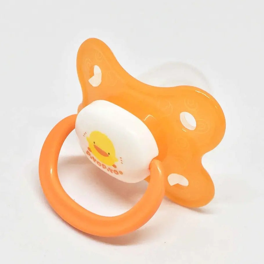 Piyo Piyo Thumb Shaped Pacifier, orange with white duck-face shield, PIYO PIYO baby pacifier on display