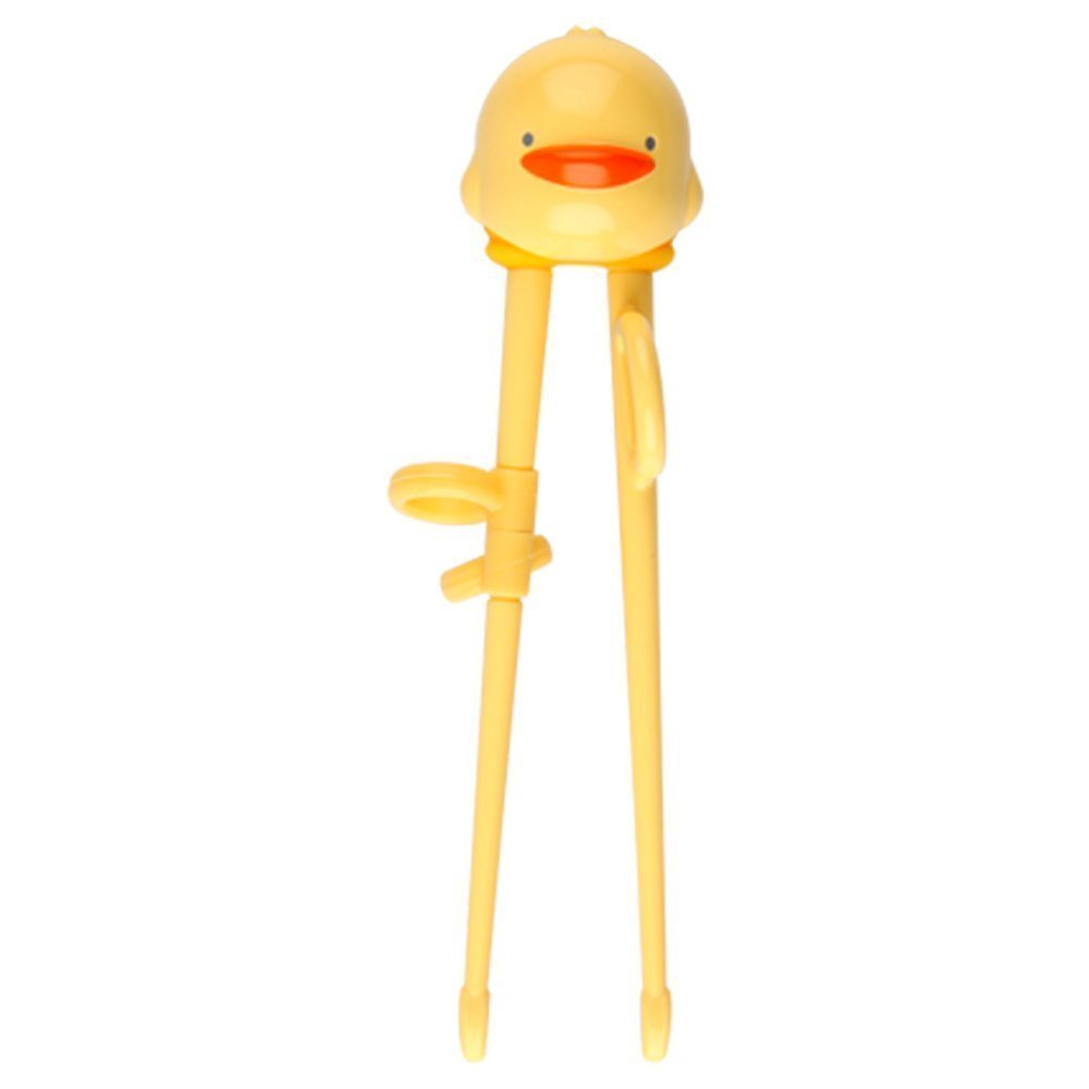 Piyo Piyo Training Chopsticks for toddlers, yellow duck head with adjustable rings guiding finger placement.