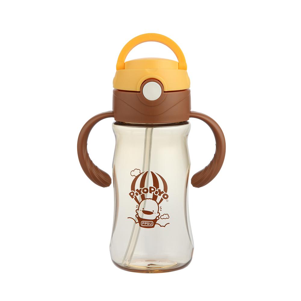 Piyo Piyo water bottle 330 ml with brown handles and yellow lid, clear bottle with logo