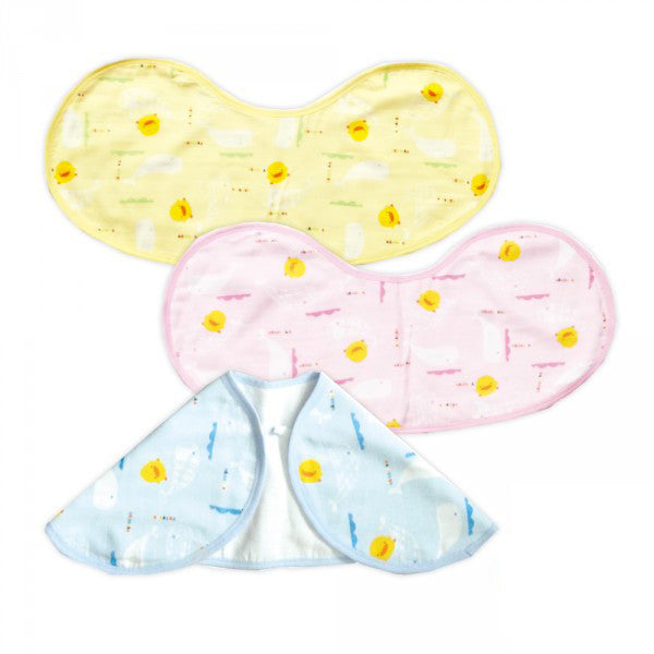 Piyopiyo Bamboo Cotton Burping Cloths set of 3 in yellow, pink, blue with duck prints, laid flat for immediate use.