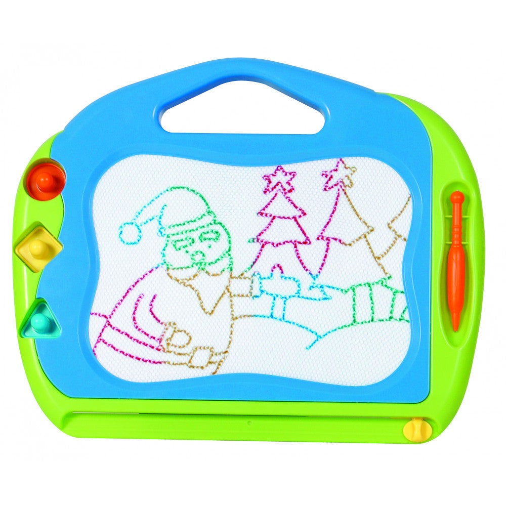 Playwell Colour Magnetic Drawing Board with blue frame and green base; includes orange pen.