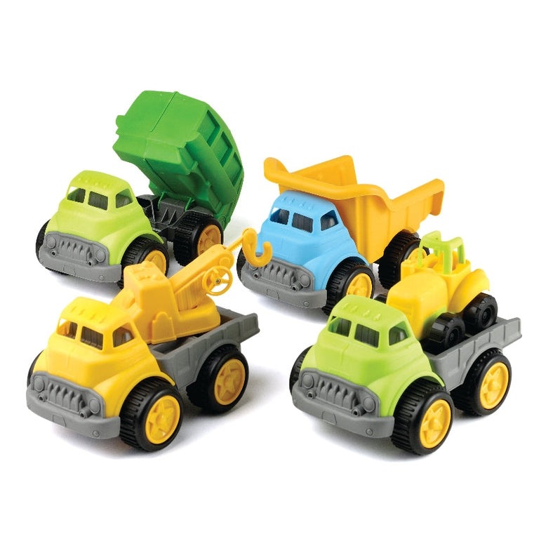 Playwell construction trucks, 5 colorful plastic toy vehicles with dump beds and crane
