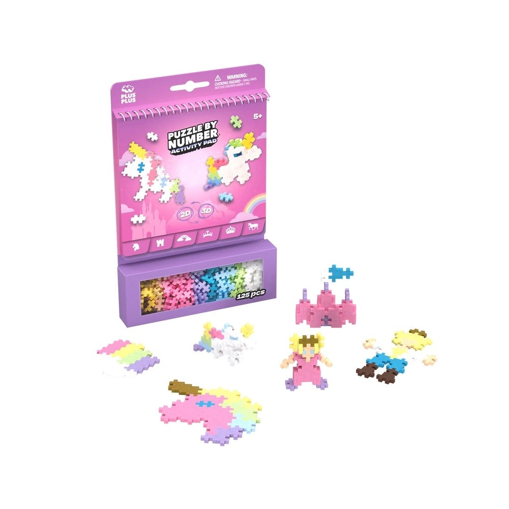 Plus-Plus Fairy Tale Activity Pad 125-piece set in pinks and pastels with princess figure and purple storage box