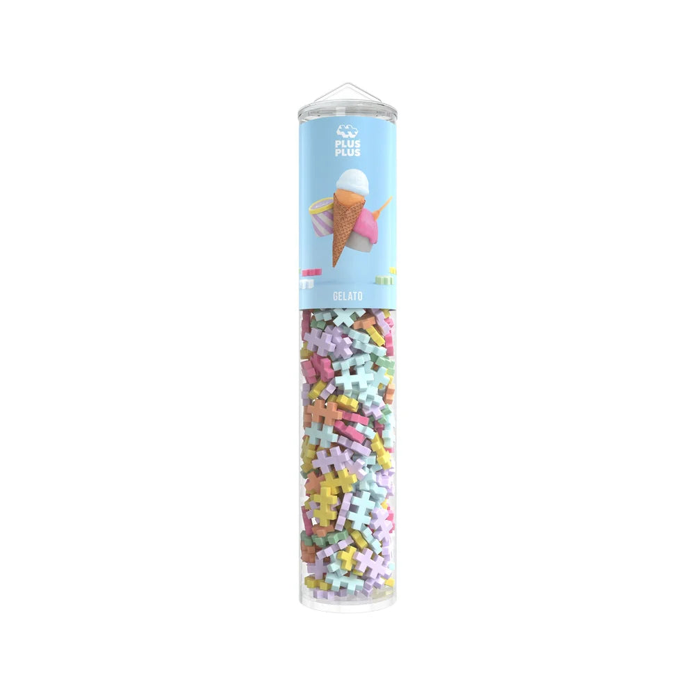 PLUS PLUS Mix 240 Pieces Tube in Gelato theme featuring pastel-colored interlocking building pieces in a clear storage tube with ice cream cone artwork on blue label