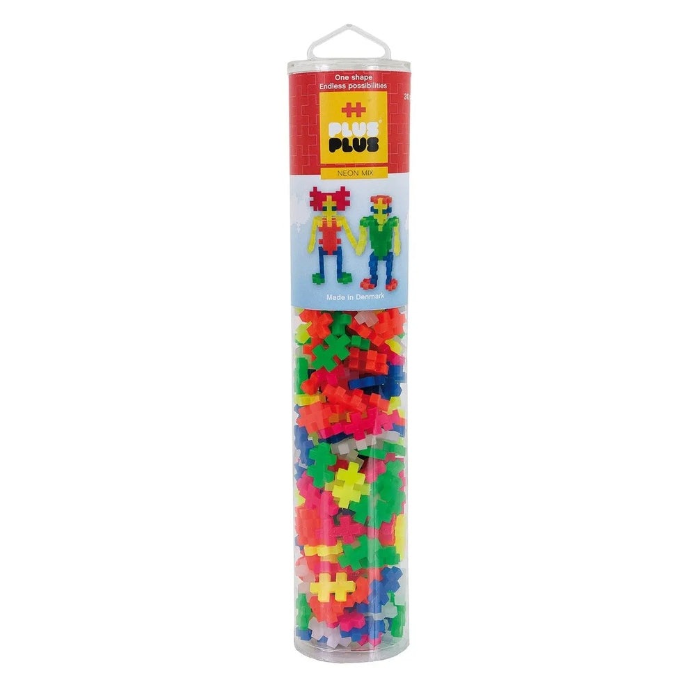 Plus-Plus Mix 240 Pieces Tube-neon building blocks visible in a clear cylindrical tube.