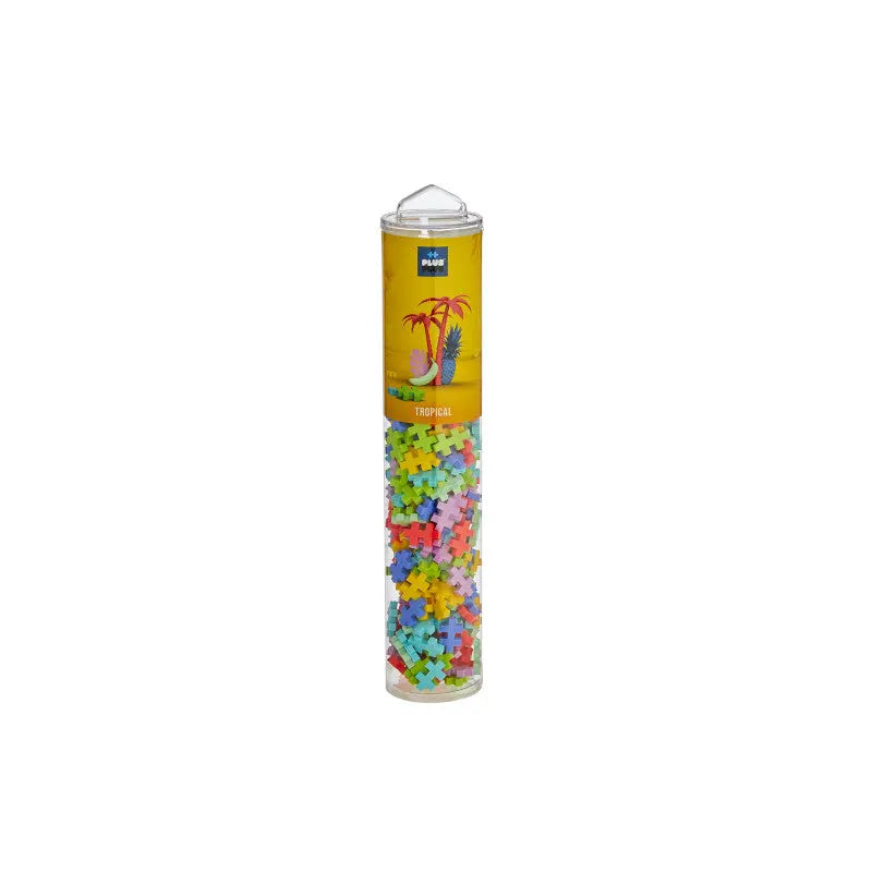 PLUS-PLUS Mix 240 Pieces Tube, transparent container filled with multicolor interlocking build pieces.