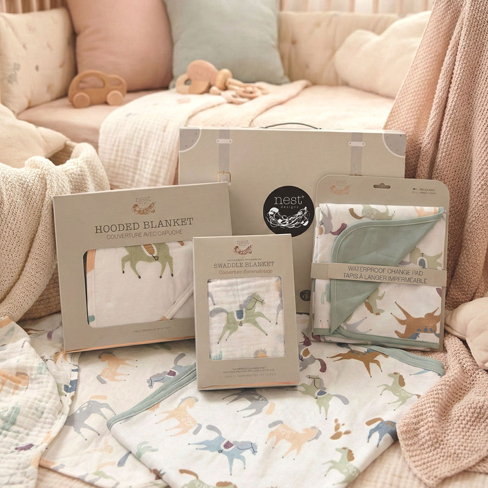 Hooded blankets with horse pattern packaging on a soft surface