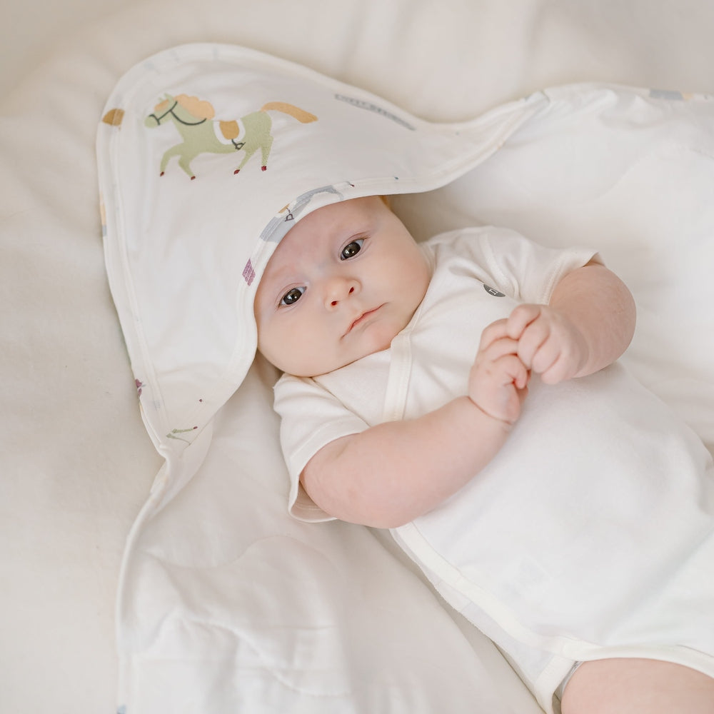 Baby lying on a white blanket with a soft toy next to them