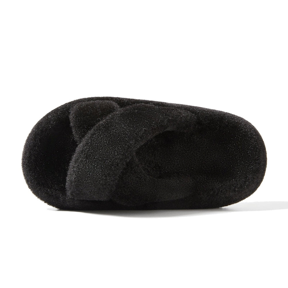 POSEE Cross Strap Plush Fashion Slippers Black with soft plush texture and crisscross straps resting on a white surface