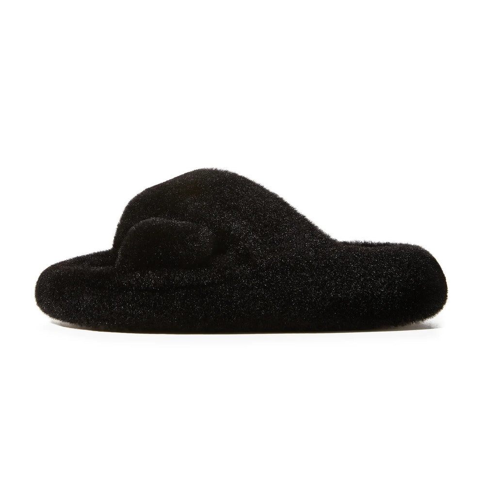 POSEE Cross Strap Plush Fashion Slippers Black resting on a clean white surface.