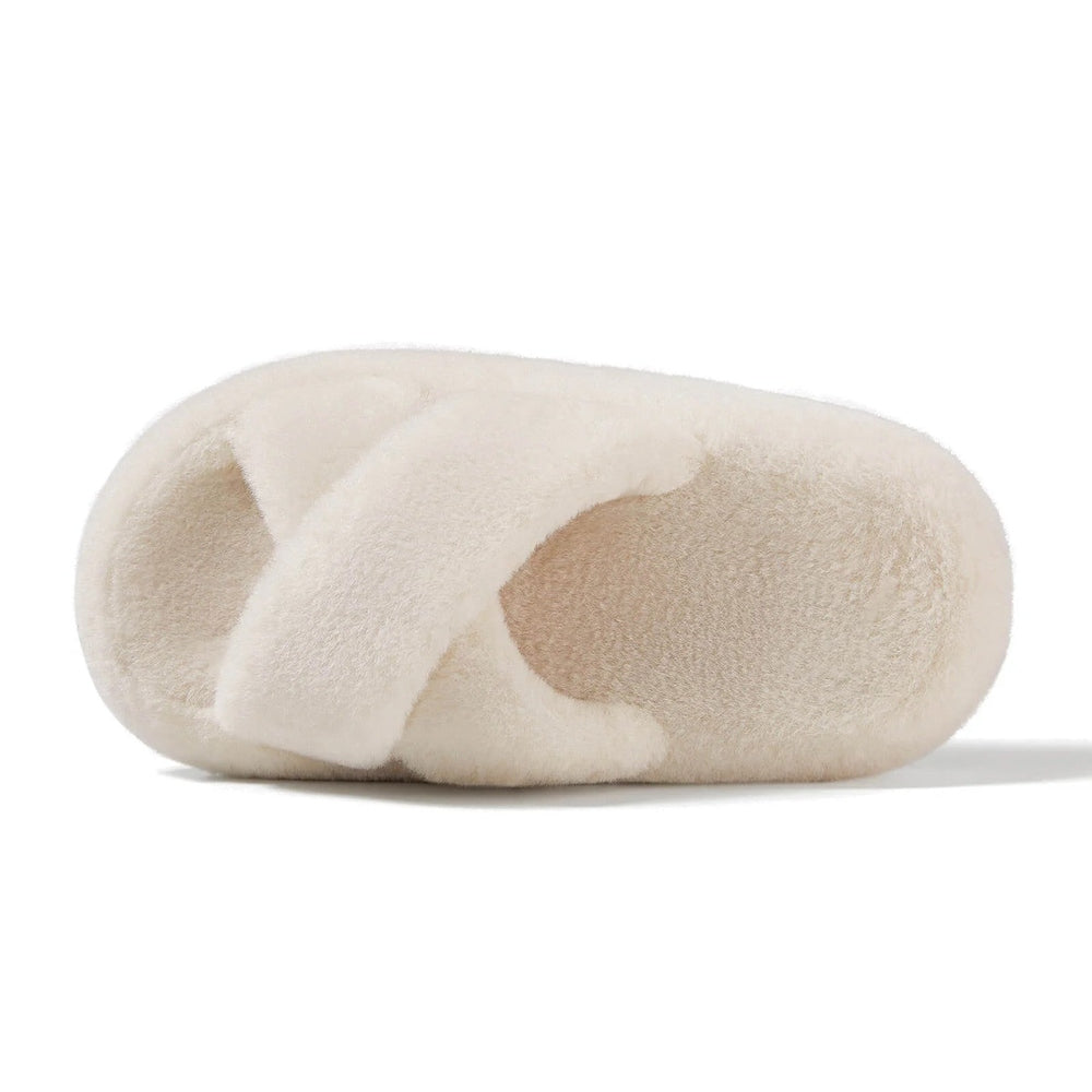 POSEE Cross Strap Plush Fashion Slippers Cream, fluffy cream slipper with crisscross straps resting on its side