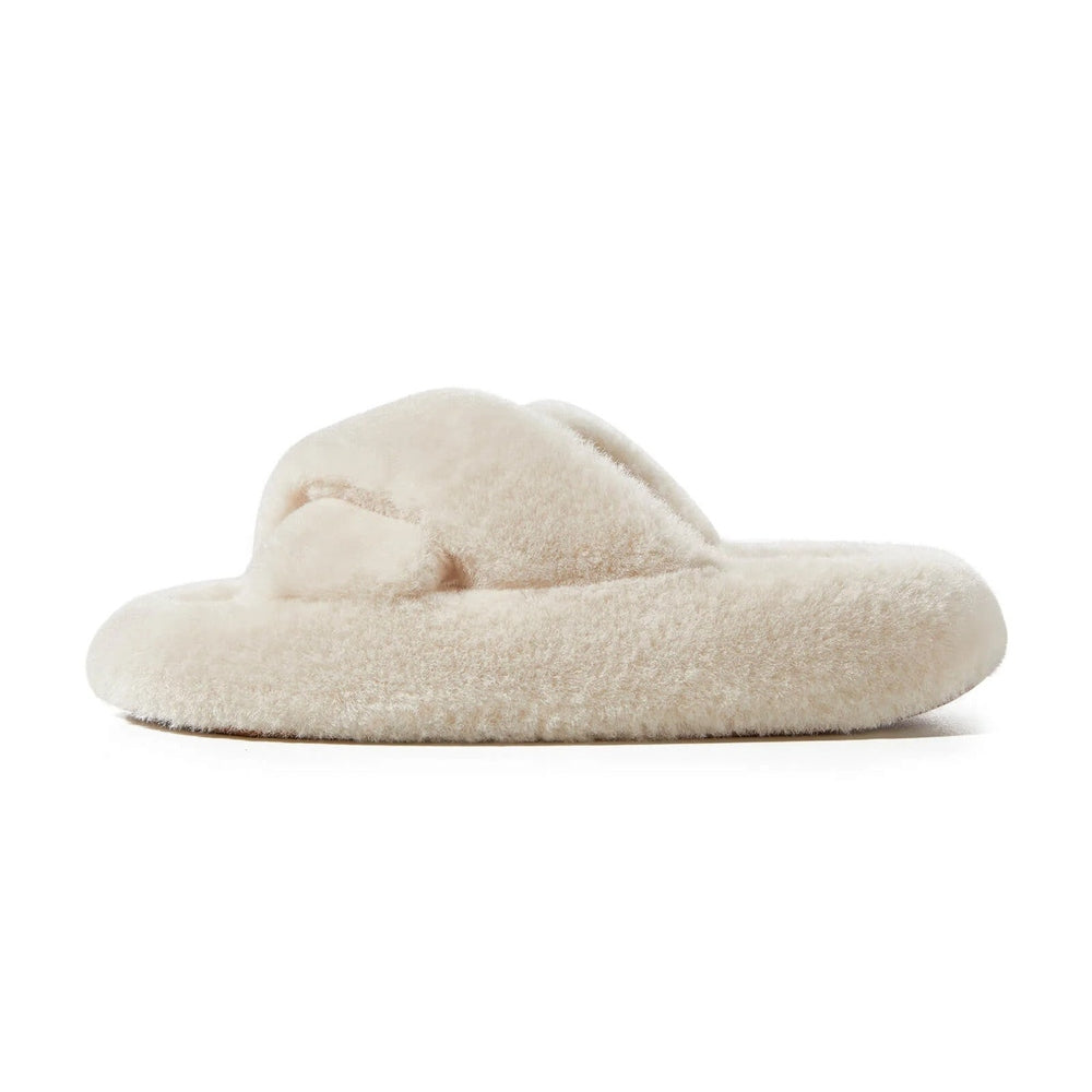 POSEE Cross Strap Plush Fashion Slippers Cream, fluffy indoor footwear with a visible crossed strap.