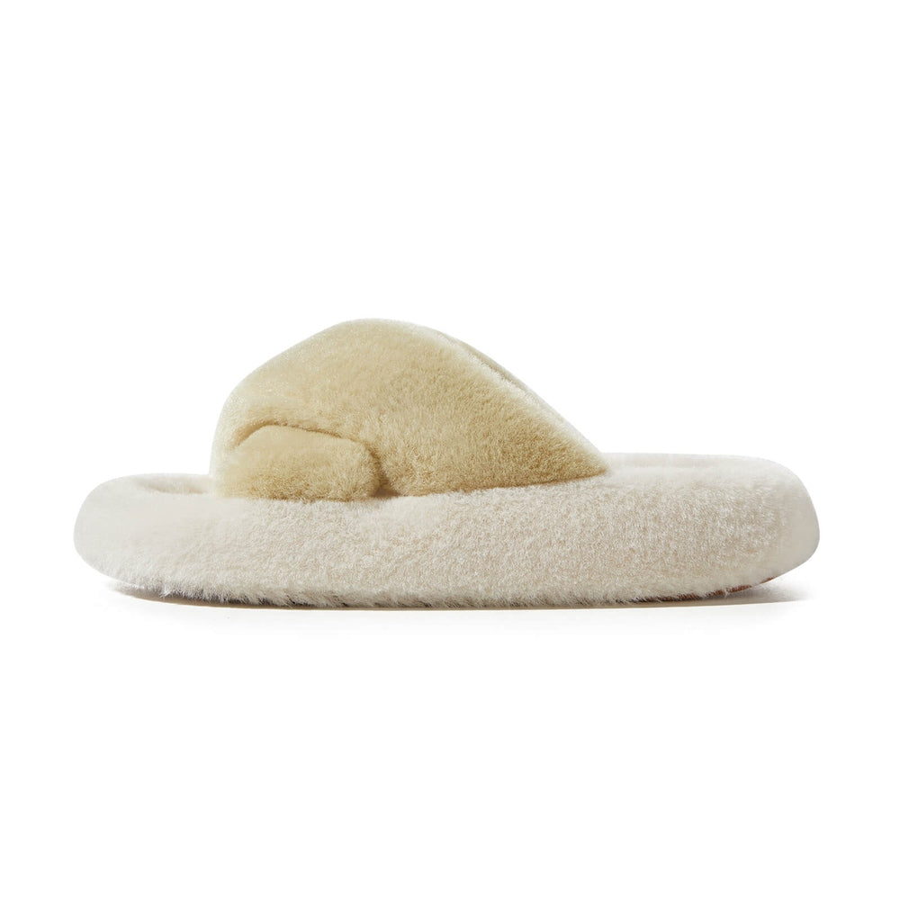 POSEE Cross Strap Plush Fashion Slippers Wasabi, cream fuzzy slide with a padded cross strap.