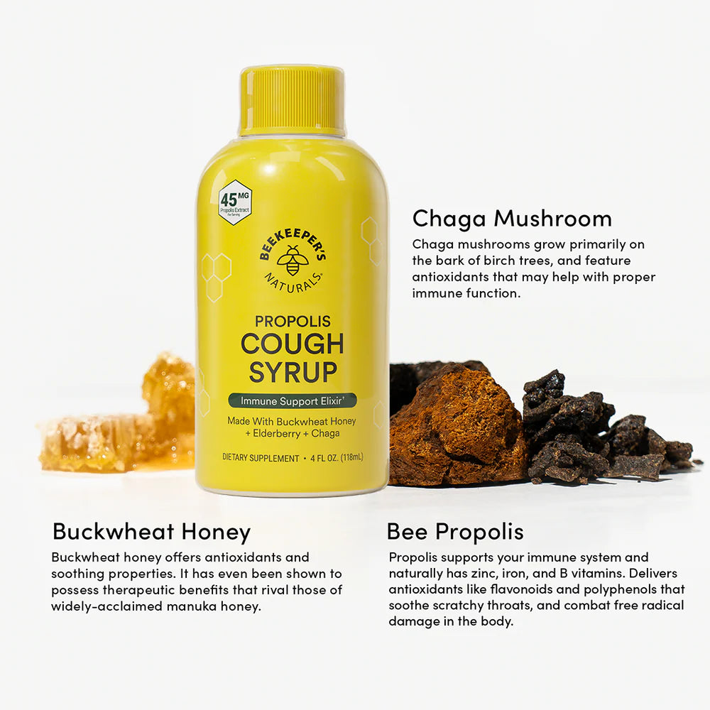 Beekeeper's Naturals Propolis Cough Syrup Daytime 118 ml yellow bottle with buckwheat honey and chaga mushrooms