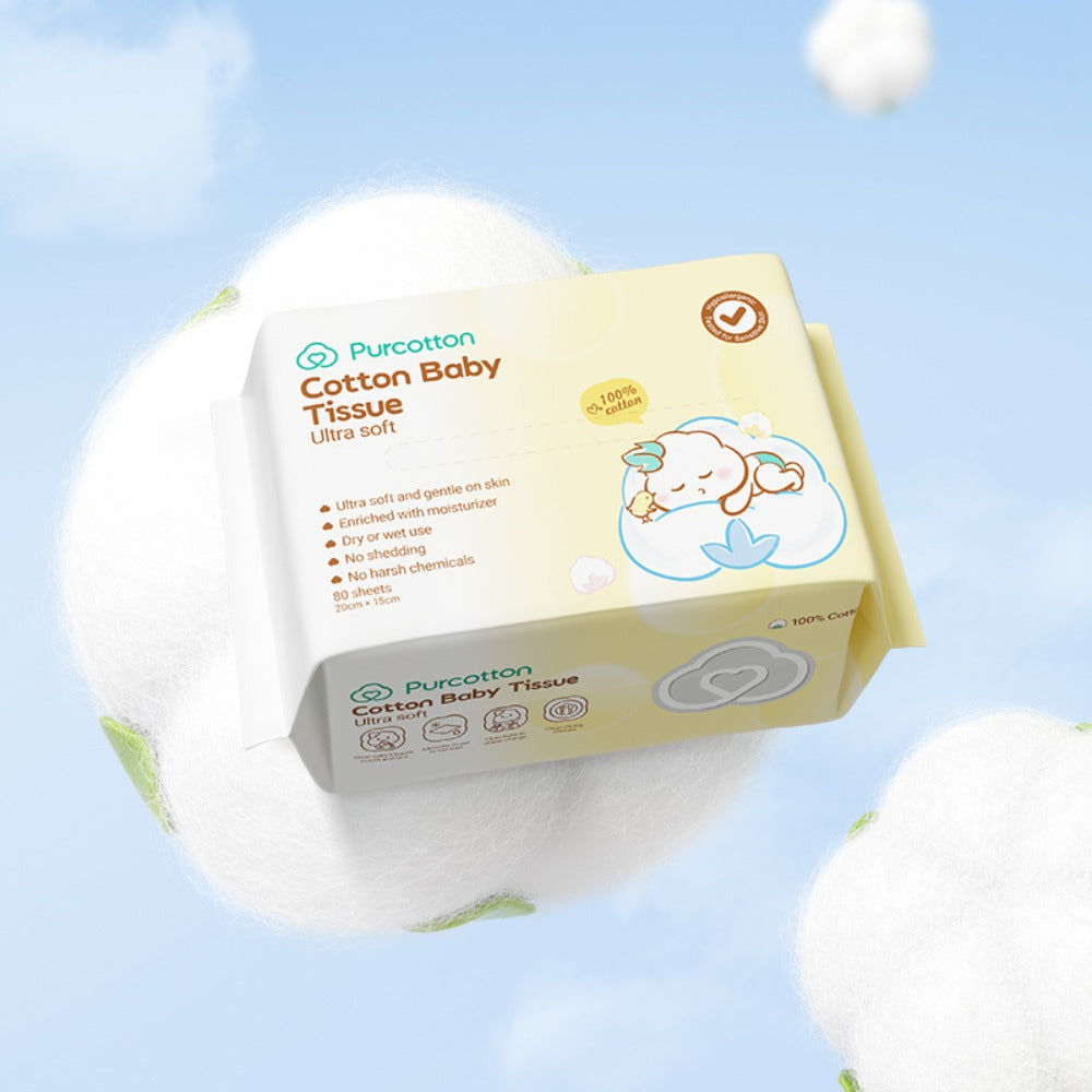 Purcotton Cotton Baby Tissue Ultra Soft 20cm x 15cm 80 Sheets, product view 3