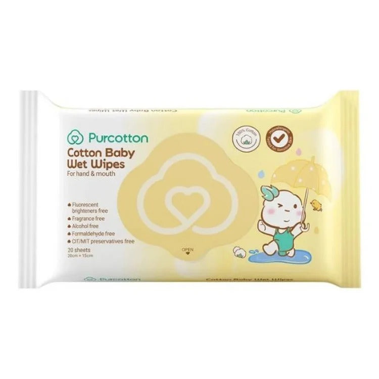 Purcotton Cotton Baby Wet Wipes 20 Sheets in a yellow package with a cartoon baby holding an umbrella