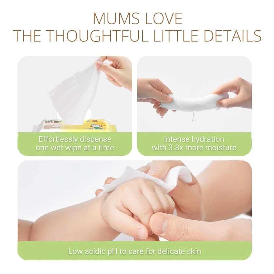 Purcotton Cotton Baby Wet Wipes 20 Sheets; single wipe pulled mid-dispense, extra moisture, gentle pH for delicate skin.