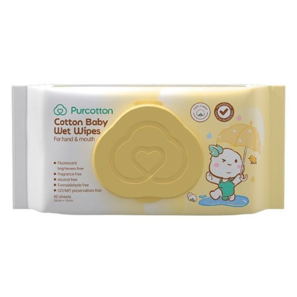 Purcotton Cotton Baby Wet Wipes 80 sheets; yellow resealable lid, cute cartoon baby with umbrella on packaging.