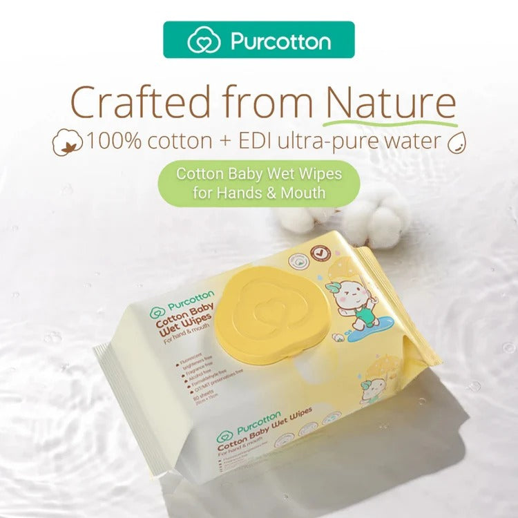 Purcotton Cotton Baby Wet Wipes 80 sheets in yellow package, for hands and mouth, featuring cute cartoon babies.