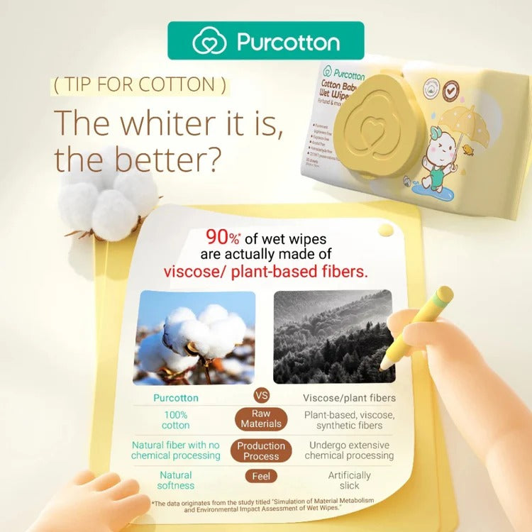 Purcotton Cotton Baby Wet Wipes 80 Sheets; child-safe yellow case shown with hands pulling a wipe.