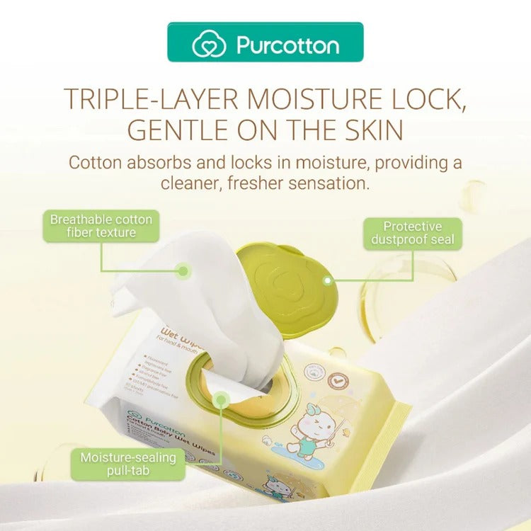 Purcotton Cotton Baby Wet Wipes 80 Sheets; yellow pack with a wipe being pulled out, showing breathable cotton texture.