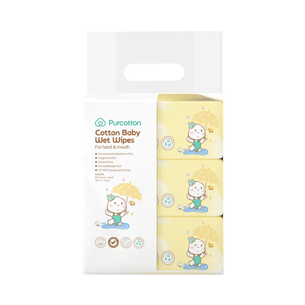 Purcotton Cotton Baby Wet Wipes 80 sheets, three-pack set with cute baby under umbrella.