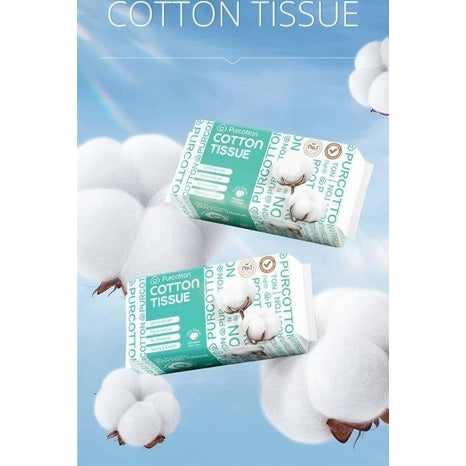 PurCotton cotton tissues, 3 packs of 100 sheets, teal packaging with cotton boll graphics.