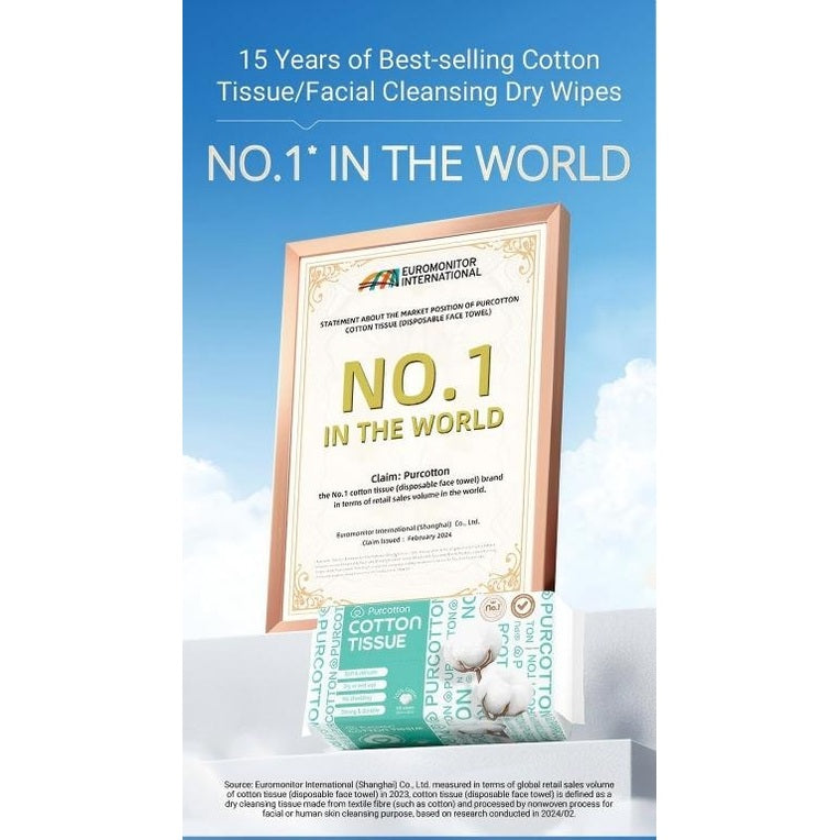 Purcotton Cotton Tissues 3-pack (100 sheets each) with green branded packaging in front of a framed award plaque.