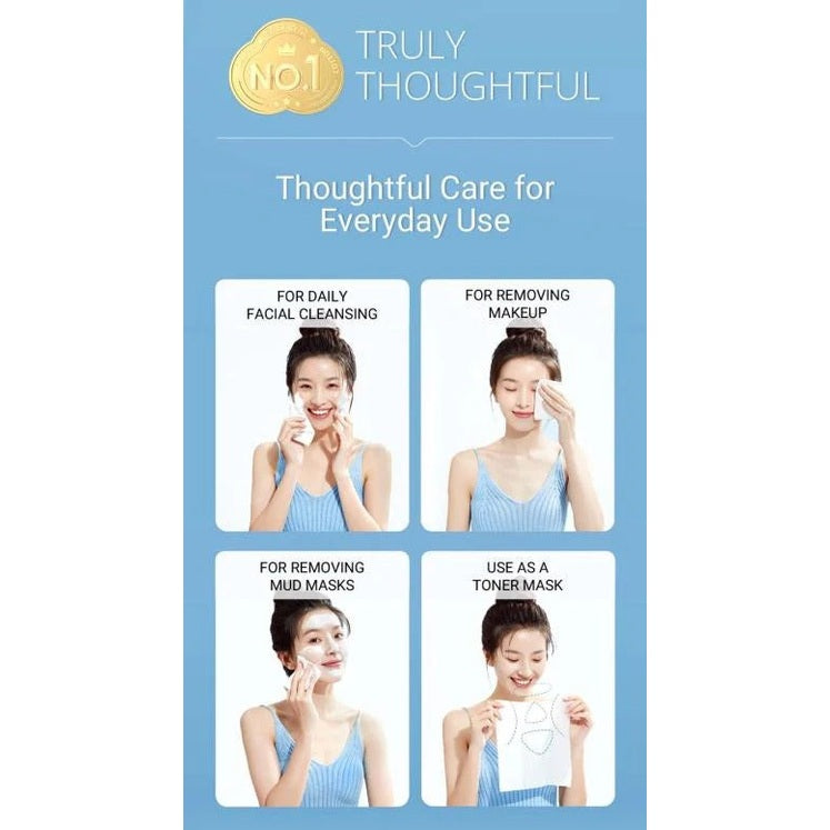 Purcotton Cotton Tissues banner in blue showing four skincare-use panels (cleansing, makeup removal, mud masks, toner)