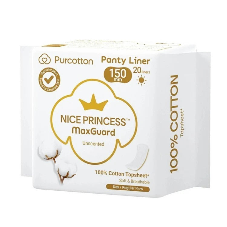 Purcotton Nice Princess MaxGuard Panty Liner 150mm, 20 pads, unscented, 100% cotton topsheet, box.